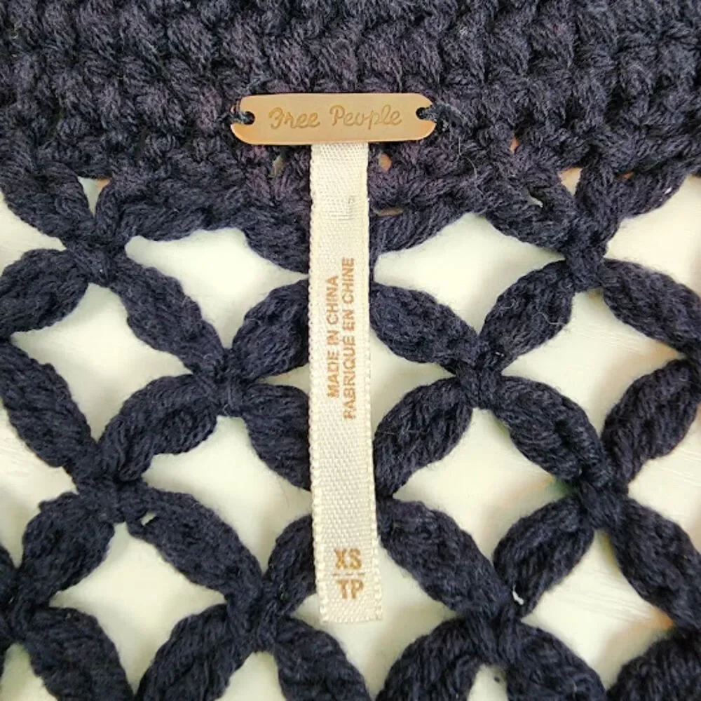 Free People Women's Navy Boho Crochet Knit Cardigan Vest Size XS